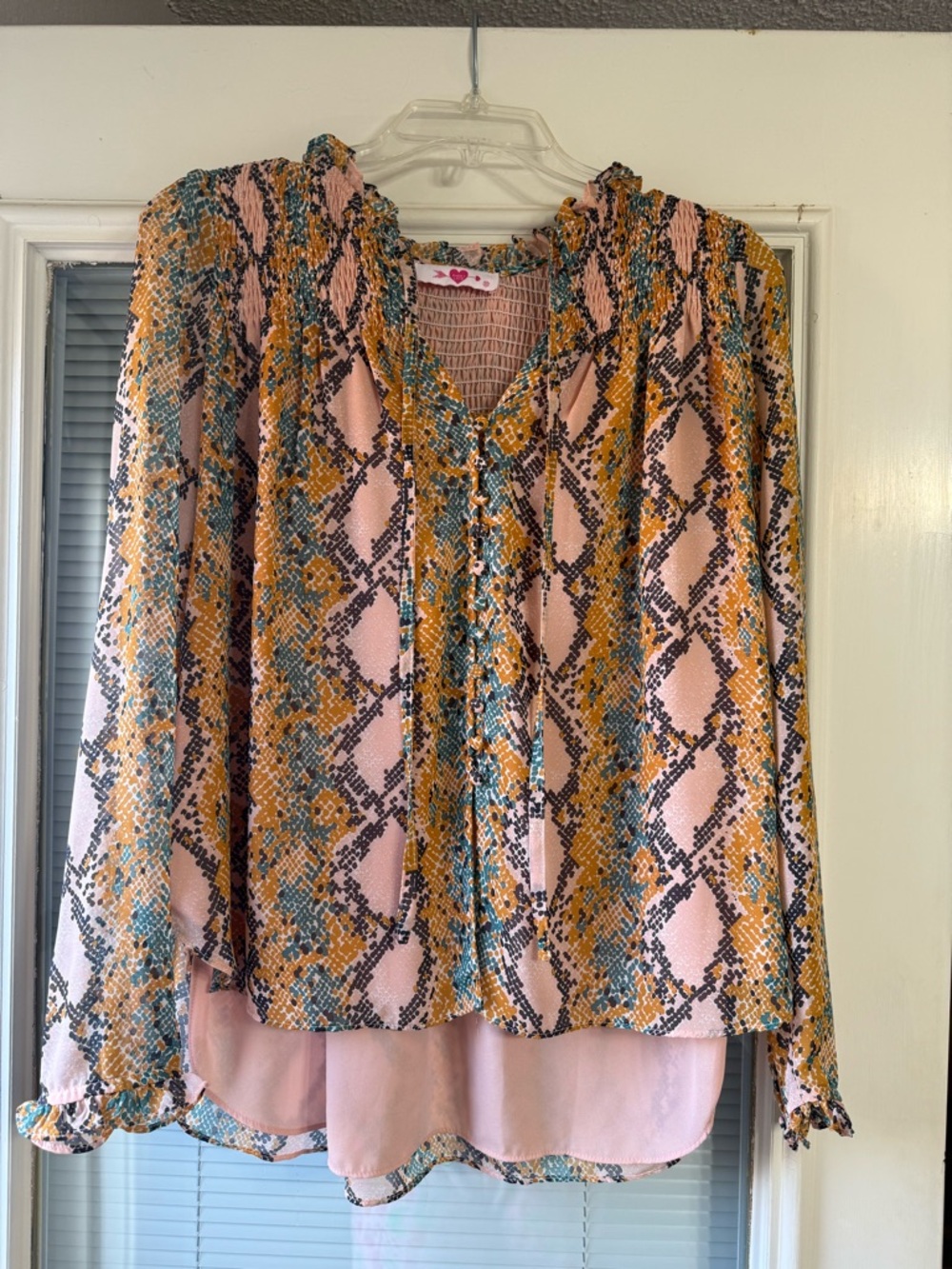 Buddy Love Pink Snake-Print Button Front Blouse with Mustard & Teal